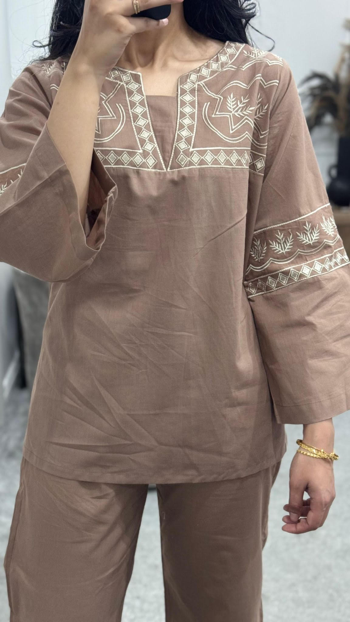 Pastel Brown Embroidered Co Ord Set