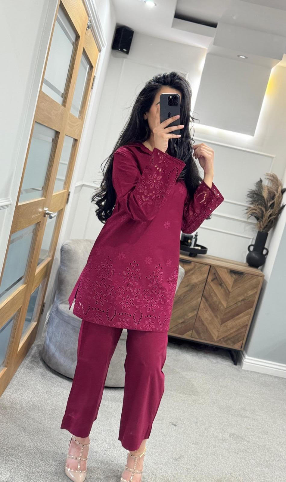 Maroon embroidered 2pc Co Ord Set
