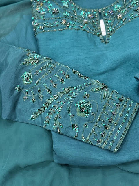 Zamurd Emerald Green 3pc Farshi Shalwar Suit Pure Raw Silk