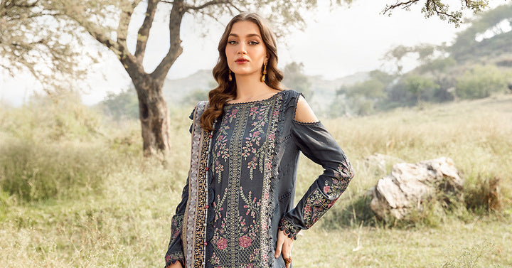 Maria B Grey Printed Outfit Linen Suit | MPT-2406-A