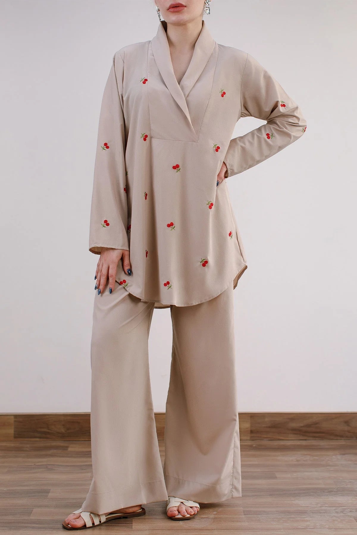 Beige Embroidered Co Ord