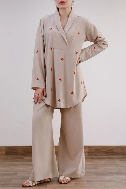 Beige Embroidered Co Ord