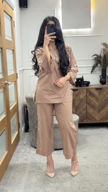 Pastel Brown Embroidered Co Ord Set
