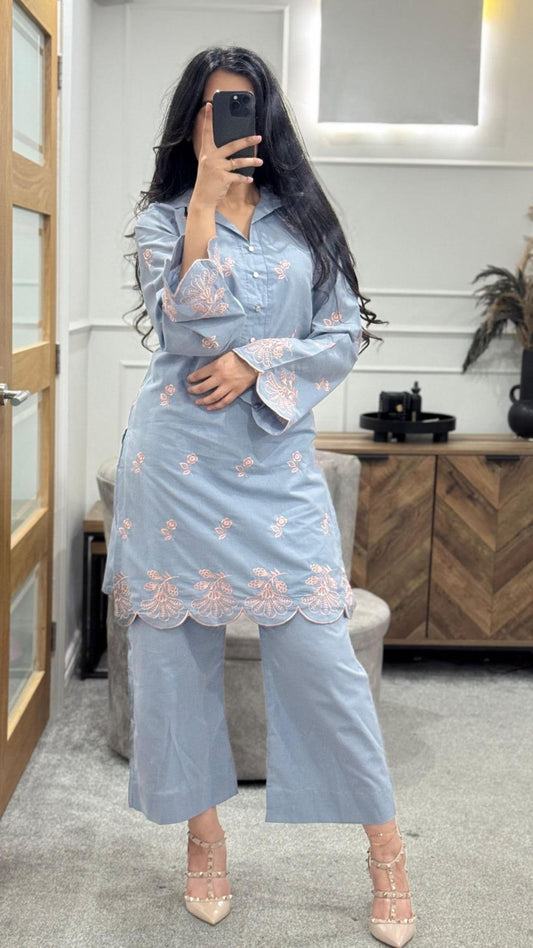 Sky Blue Embroidered Co Ord Set