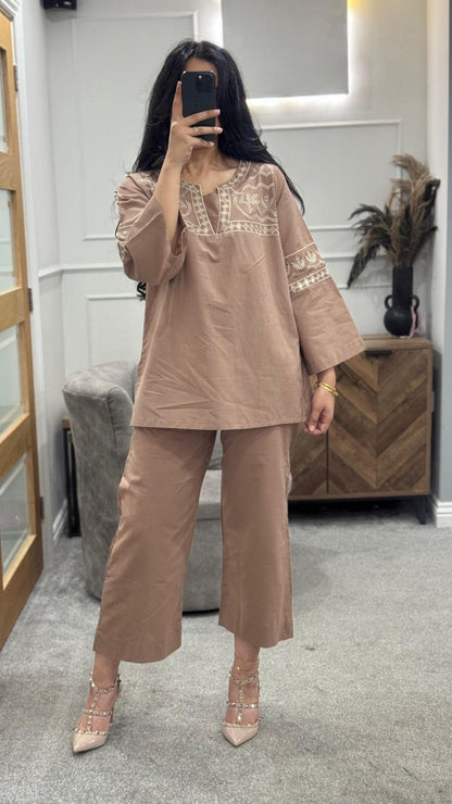 Pastel Brown Embroidered Co Ord Set