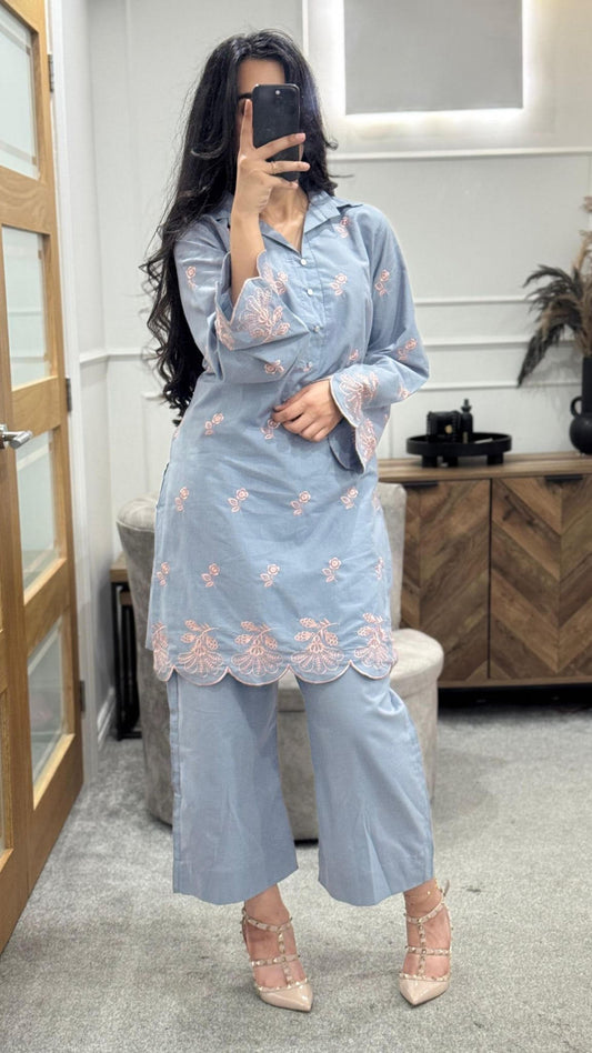 Sky Blue Embroidered Co Ord Set