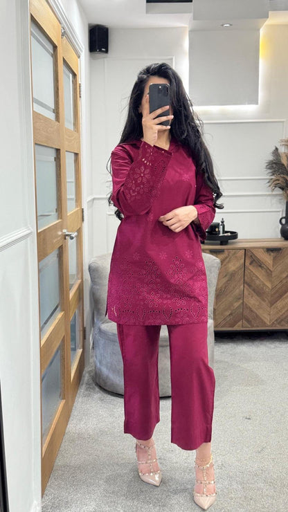 Maroon embroidered 2pc Co Ord Set