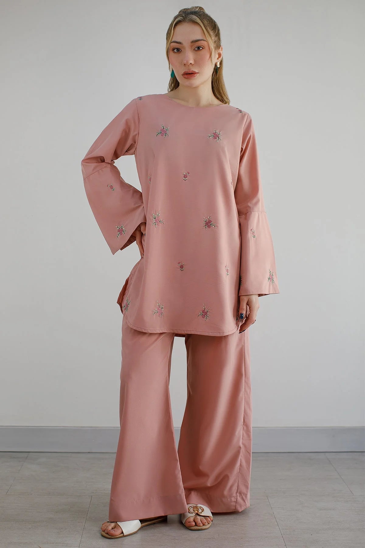 Tea Pink Embroidered Co Ord Set