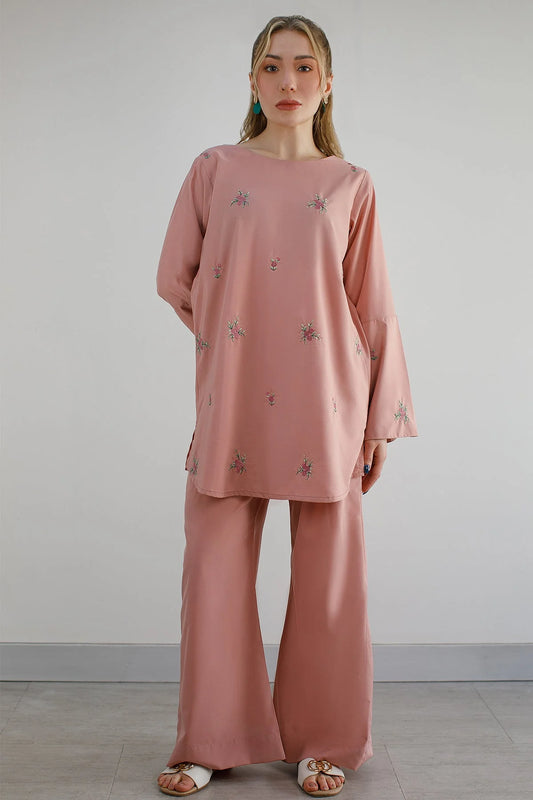 Tea Pink Embroidered Co Ord Set