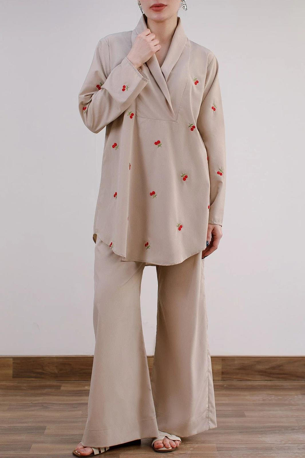 Beige Embroidered Co Ord