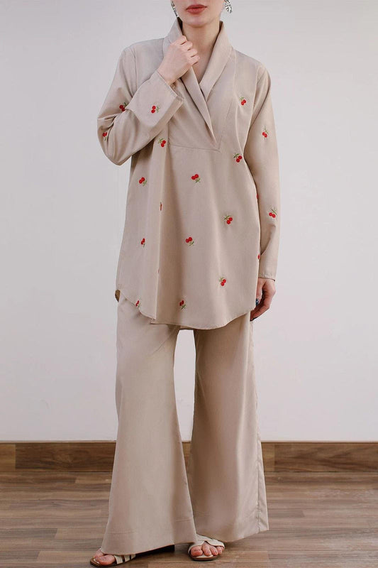 Beige Embroidered Co Ord