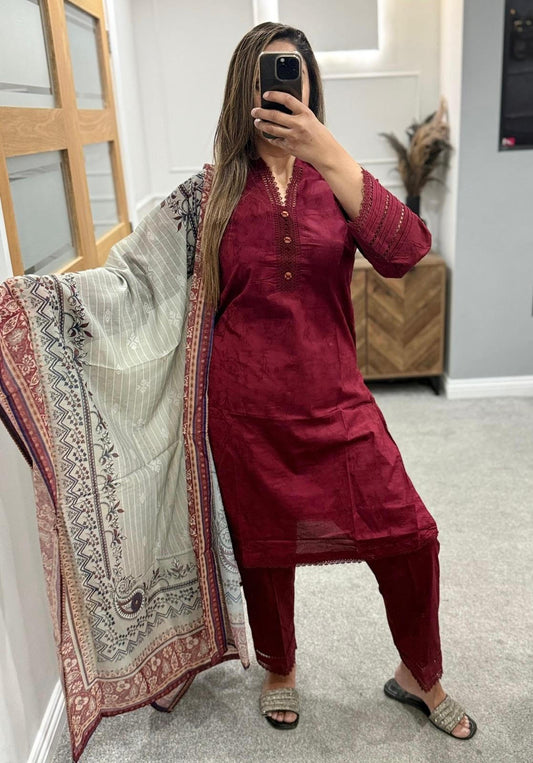 Maroon 3pc Tawakkal Suit